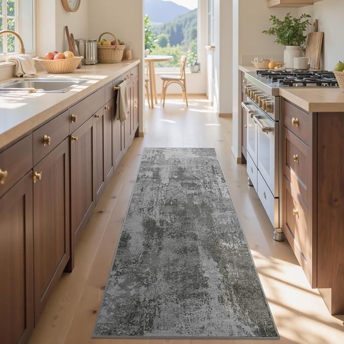 2x6 Ft Washable Runner Rug, Non-Slip Low Pile Hallway Kitchen Area Rug, Soft Long Entryway Floor Mat Abstract Pattern Carpet for Bedside & High-Traffic Areas (Dark Grey)