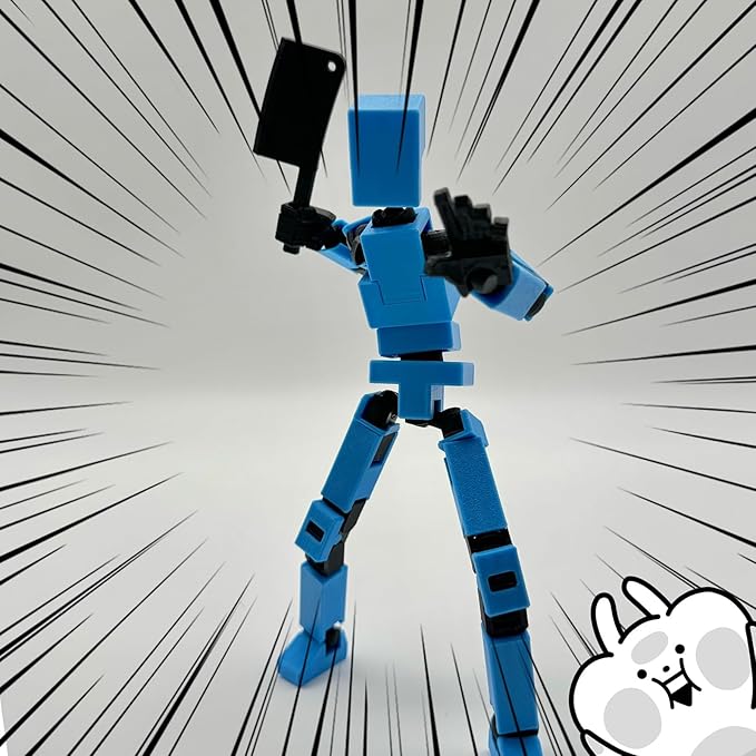 (Assembly Completed) 3D Printed Enlarge Body Size 8.13-inch Action Figure Lucky20, Full Body Mechanical Movable Toy, Multiple Accessories, Desk Decoration (Blue)