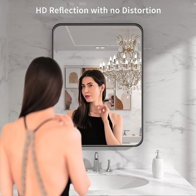 LOAAO 22X30 Inch Black Bathroom Mirror Metal Framed | Rounded Rectangle, Matte Black Bathroom Vanity Mirror, Anti-Rust, Hangs Horizontally or Vertically