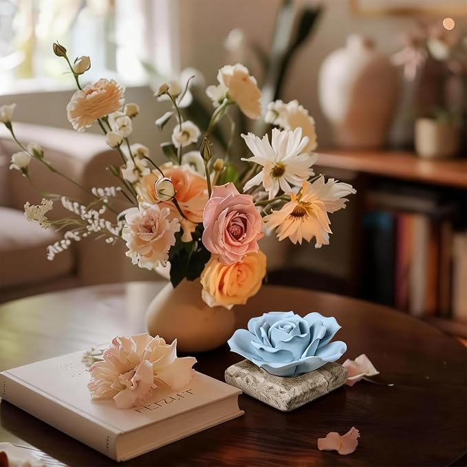 Ceramic Passive Essential Oil Diffuser, Aesthetic Desktop Handmade Flower & Concrete Base, Porcelain Aromatherapy Oils Diffuser for Home, Office, Yoga, Spa Room (Blue Rose)