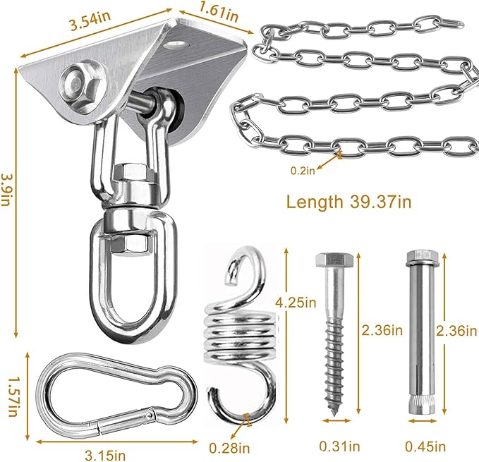 weiatas Hammock Chair Hanging Hardware Kit with Chain and Spring, Heavy Duty Porch Swing Hanger, 360 Swivel Ceiling Hooks for Punching Bag,Gym