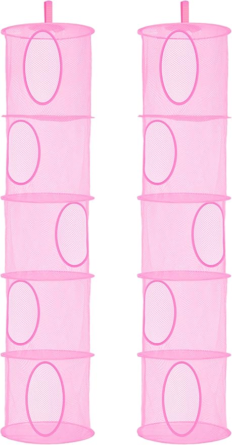 coastal rose 2Pcs Stuffed Animal Storage Foldable Stuffed Animal Net or Hammock Organizer, 5 Compartments Hanging Mesh Toy Storage Hammock for Kid Room Toys, Gloves, Hats, Socks（Pink）
