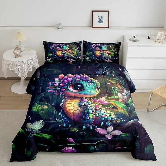 Feelyou Dragon Comforter Set Toddler Size Dragon Stuff Comforter for Boys Girls Teens Wild Life Bedding Set Flower and Grass Duvet Set Room Decor Balck Green Quilt Set
