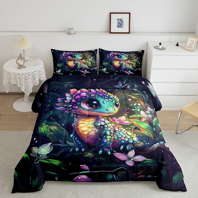 Feelyou Dragon Comforter Set Queen Size Dragon Stuff Comforter for Boys Girls Teens Wild Life Bedding Set Flower and Grass Duvet Set Room Decor Balck Green Quilt Set