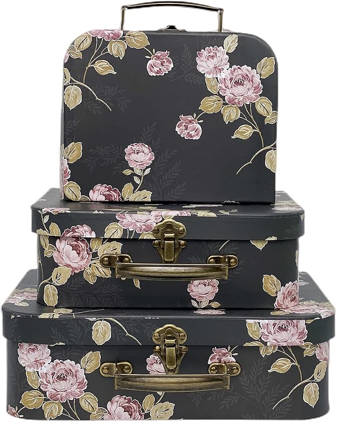 Decorative Boxes Set of 3 Decorative Storage Boxes With Lids, Cardboard box, Vintage Suitcase for Home Decoration, Photo Storage, Hat Boxes (Black Flowers)