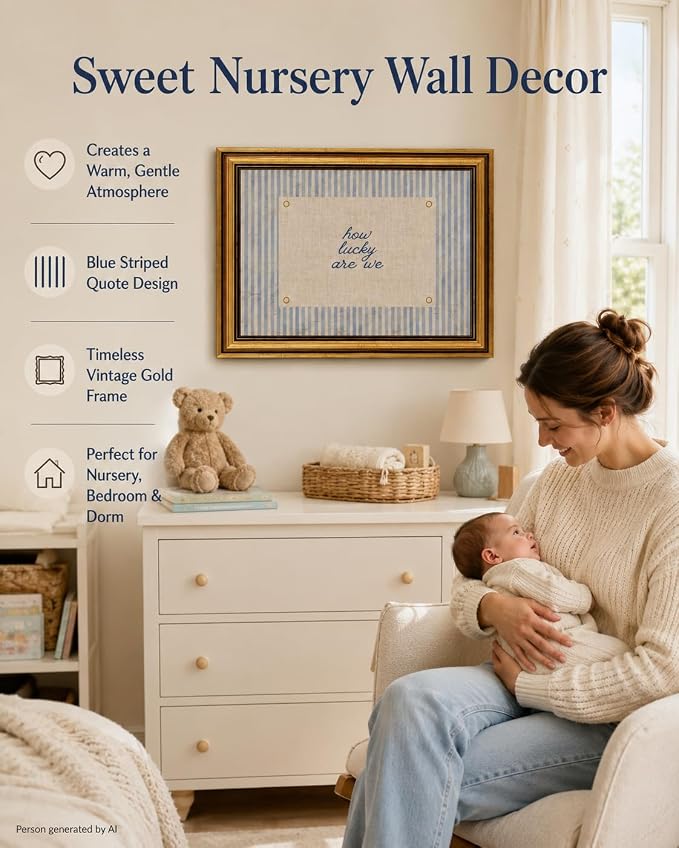 Vintage Gold Framed Wall Art, How Lucky Are We Quote Canvas, 12x16IN | Blue striped inspirational print with a rustic farmhouse look for bedrooms, living rooms, nurseries, dorms, or entryways.