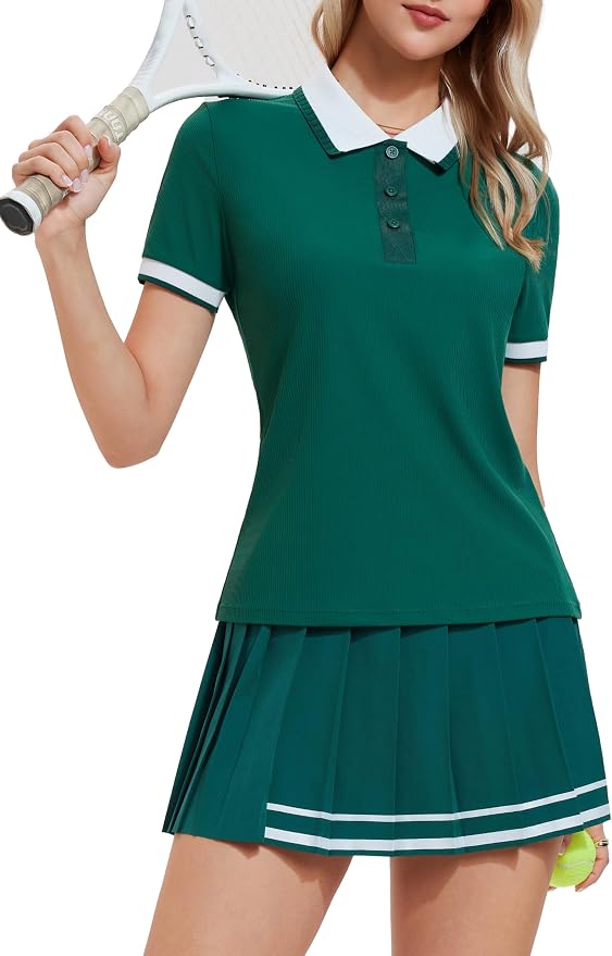 Mudere Golf Outfits for Women Tennis Skirt Set Polo Top Pleated Skort | Ribbed Short Sleeves, Built-In Shorts, Side Pocket, Nylon Spandex Blend, Pickleball Running Dress, Versatile Athletic Wear