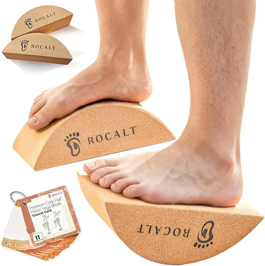 Rocalt Cork Yoga Blocks, Half Moon Foot and Calf Stretching Tool | high-density cork, curved ergonomic shape, 9.4 x 3.3 x 3.9 in, for arches, ankles, Pilates and travel