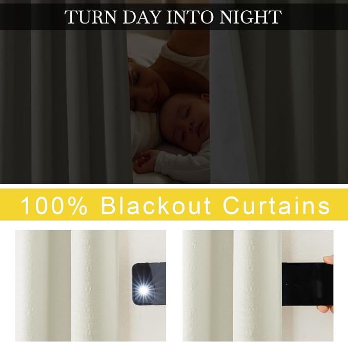NICETOWN Faux Linen 100% Blackout 108 inch Curtains for Bedroom, Silver Grommet 2 Layers with White Liner Window Treatments Sound Reducing Drapes for Living Room, Natural, W52 x L108, 2 Panels
