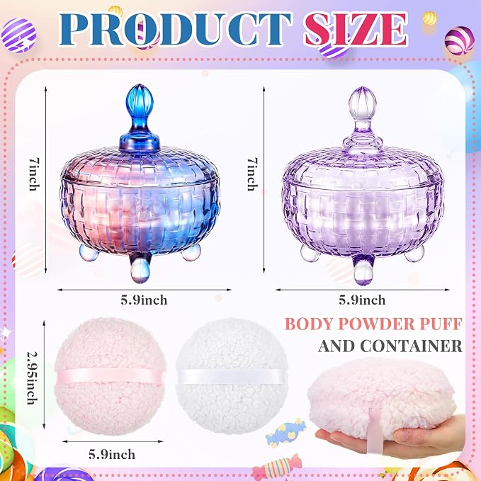 Tioncy 2 Set Extra Large Body Powder Puff and Container, 6'' Washable Vintage Decorative Crystal Powder & Container Gift for Bathroom Counter & Feminine Vanity Decor(Weave Design,Gradient and Purple)