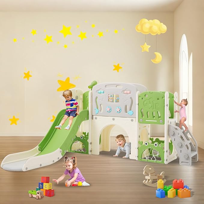 11in 1 Toddler Slide, Kid Slide for Toddlers Age 1-3 with Telescope, Basketball Hoop, and Telescope, Indoor Outdoor Playset Playground Green Grey