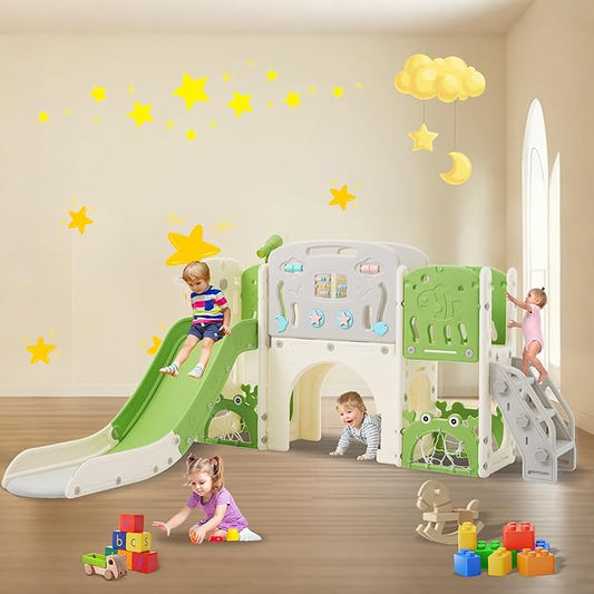 11in 1 Toddler Slide, Kid Slide for Toddlers Age 1-3 with Telescope, Basketball Hoop, and Telescope, Indoor Outdoor Playset Playground Green Grey