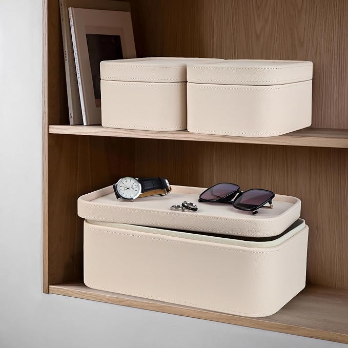 HofferRuffer Faux Leather Decorative Storage Boxes, Dust proof Storage Shelf Baskets with Lids Trays, Storage Bins Memory Box Organizer for Home, Office, Jewelry & More, Set of 3 (CreamWhite)