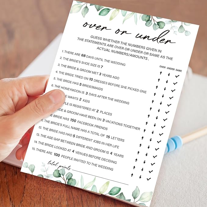 30 Pcs Over or Under Bridal Shower Game Wedding Shower Games, 30 Guests for Engagement Wedding Party, Bridal Games for Showers (Eucalyptus Botanical Style) -0014
