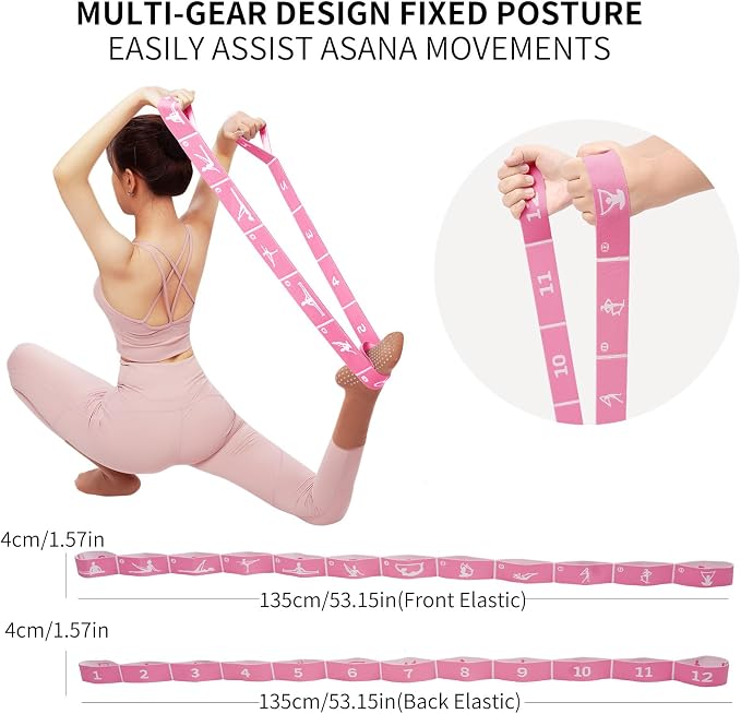 Yoga Blocks 2 Pack with Elastic Stretch Band & Bag – High Density Foam Yoga Blocks for Stability, Deep Stretching & Balance, 12-Loop Resistance Strap for Yoga, Pilates, Dance & Flexibility Training