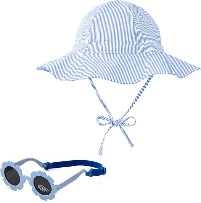 Zando UPF 50+ Wide Brim Baby Sun Hat with Sunglasses 0-12M - Sun Protection Infant Toddler Bucket Hat Adjustable for Outdoor