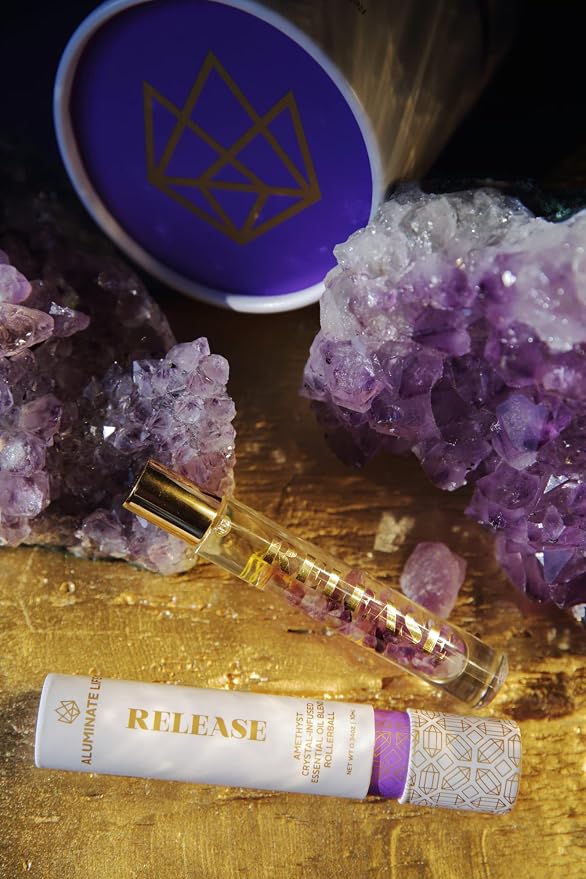 Essential Oil Rollerballs, .34 OZ, Release - Amethyst Crystal Infused - Scent of Lavender, Bergamot, & Frankincense - Aromatherapy Roll On Oils, Skin Care, Massage