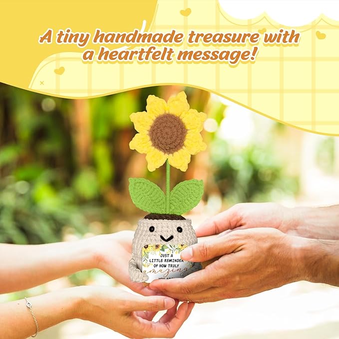 Sunflower Encouragement Gift – Handmade Crochet Plush with Positive Message - Crochet Sunflower Plush – You are Amazing Encouragement Gift