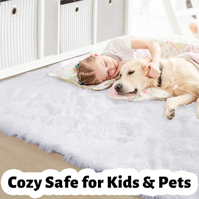 Amdrebio White Area Rugs for Bedroom, Shag Fluffy Bedside Rug for Living Room, Modern Furry Shaggy Throw Rug for Kids Room, Teens, Dorm, Baby Nursery, Cute Fuzzy White Carpet, 3x5 Rug, Home Decor