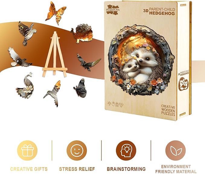 Wooden Puzzles for Adults - Parent-Child Hedgehog Wooden Jigsaw Puzzle, Unique Animal Shaped Wood Puzzles Adult, Christmas Birthday Gifts for Friends/Family, Home Decor 8.5 * 8.5in 100pcs