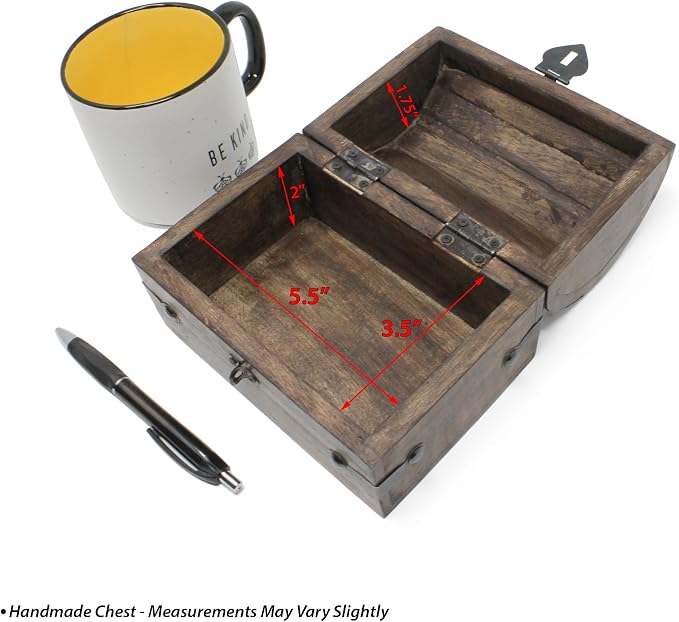 Treasure Chest Keepsake and Decorative Wood Box (Medium 6.5x4.5x4.5) - Storage Box, Wooden Box with Hinged Lid, Rustic Storage, Pirate Storage Box, Vintage Wooden Chest