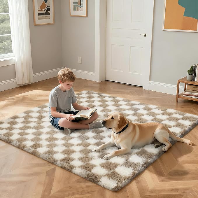 Checkered Rug for Living Room, 6x9 Beige and White Area Rugs, Classic Checkered Carpets Shag Area Rug, Bedside Rugs for Living Room Bedroom Room Home Decor
