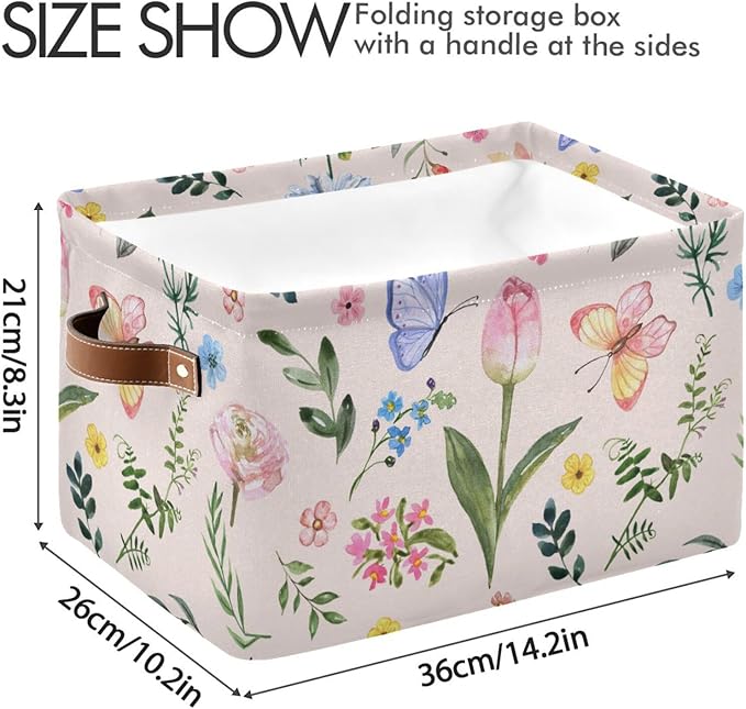 Aslsiy Storage Basket Cute Bright Flowers Easter Nursery Bins Butterfly Pink Canvas Clothes Shelf Basket Laundry Hamper Gift Basket 1 Pcs
