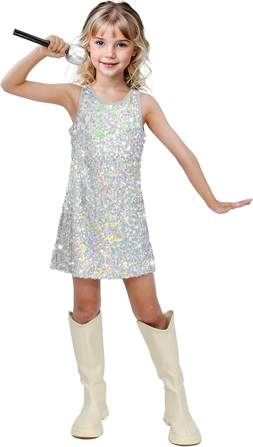 Girls Sequin Dress Sparkly Sleeveless Costume Prom Concert Party Outfit with Glitter Microphone Prop