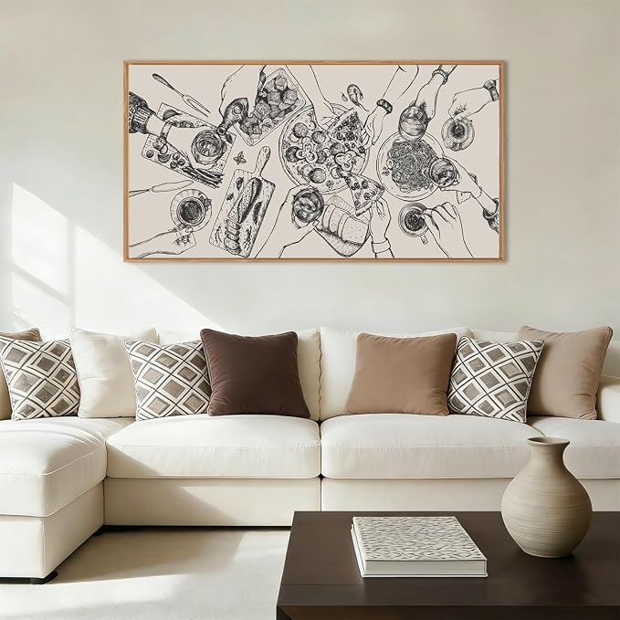 BINCUE Large Framed Wall Art Food and Drink Canvas Wall Decor Pizza Cheers Sketch Painting Retro Canvas Wall Art for Kitchen Dining Room Restaurant Used for Gatherings Decor