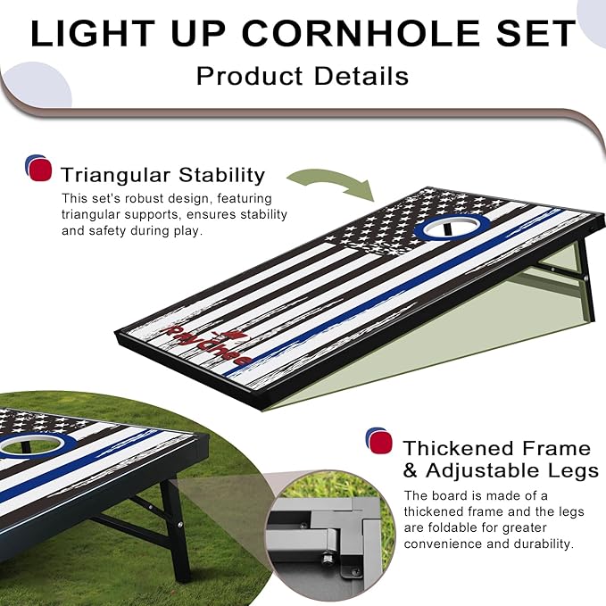 LED Cornhole Set, 3 x 2ft / 4 x2 ft Cornhole Board Game Set, Corn Hole Outdoor Game, Multi-Design with Light-Up Border, 8 Bean Bags, Carrying Case for Backyard, Beach, Lawn
