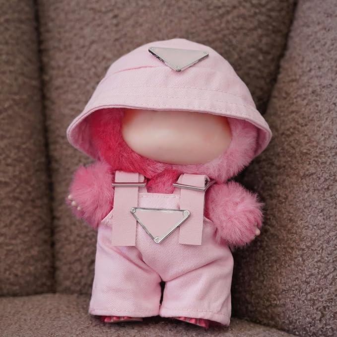 Clothes for 17cm Dolls(NO Doll)，Premium Handmade Clothes，Adjustable Kawaii Outfits for Clothes Set，Dolls Keychain Accessories，Bucket Hat+Overalls (Pink)