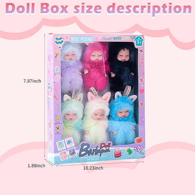 Adorable 6 Pack Plush Sleeping Doll Set with Hanging String, 4-Inch Colorful Collection