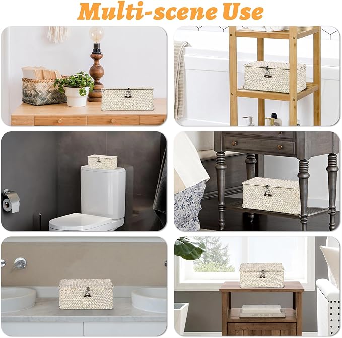 Sumnacon Wicker Basket with Lid Rectangle Woven Baskets for Toiletries Tampon Storage,Wicker Storage Basket with Lid,Decorative Seagrass Storage Baskets for Shelf Bathroom Toilet Table,Whitewash