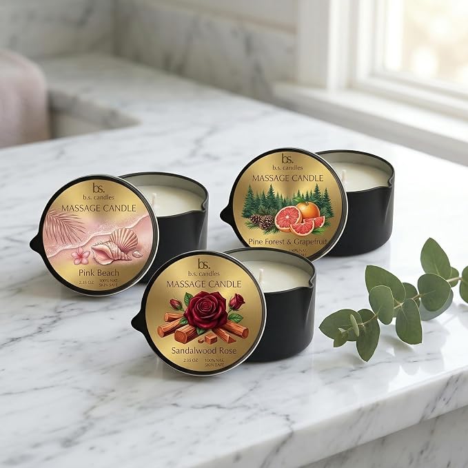 3 Pack Low Temperature Massage Candle Set, Soy Wax Melts into Nourishing Skin Oil with Jojoba & Shea Butter, for Home Spa & Relaxation, 2.35 oz - 3 Scents (Sandalwood Rose Sets)