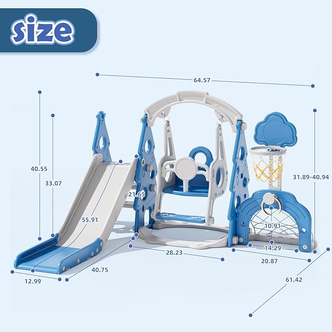 KORIMEFA 6-in-1 Kids Slide and Swing Set, Toddler Slide with Basketball Hoop, Swing, Outdoor Indoor Playground for Toddlers 1-3 Pine Shape Design(6 in1-Blue)
