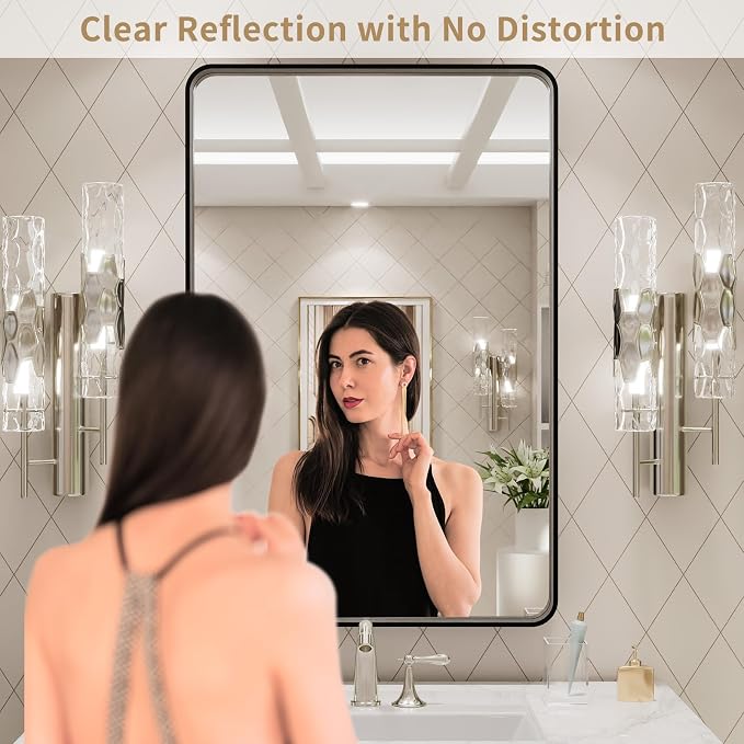 LOAAO 24X30 Inch Black Metal Framed Bathroom Mirror | Matte Black, Rounded Rectangle, Anti-Rust, Hangs Horizontally or Vertically