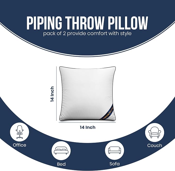 Utopia Bedding 14x14 Throw Pillow Inserts, Decorative Pillows, Pack of 2 | Piping Throw Pillows, Plush & Supportive, Aesthetic Cushion Sham Stuffer for Sofa, Office, Couch & Bed, Set of 2, White