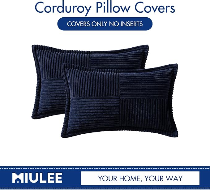 MIULEE Decorative Lumbar Throw Pillow Covers 12x20 Inch Navy Blue 2 Pack | Boho Broadside Striped Patchwork Pillow Covers, Soft Corduroy Cushion Cases, For Couch Sofa Bed Livingroom Home Decor