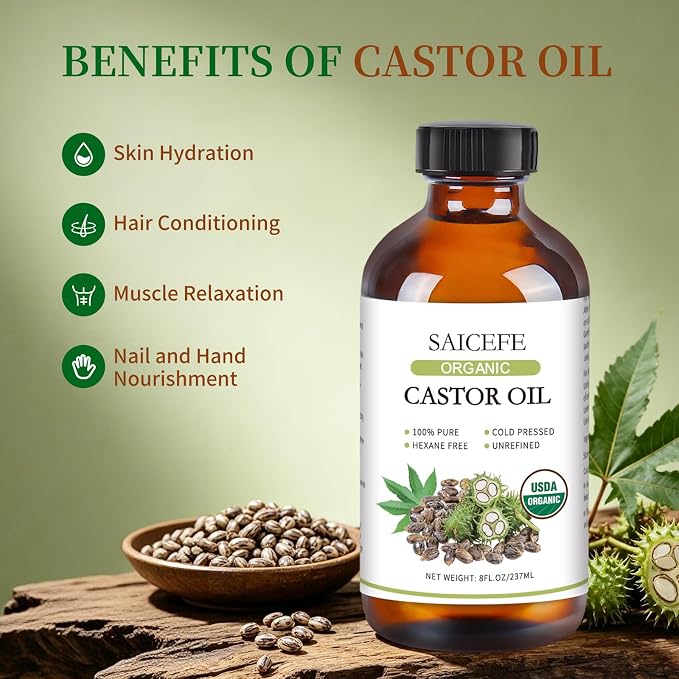 76Pcs Castor Oil Patches with 8oz Castor Oil Organic Cold Pressed Unrefined Glass Bottle, Cotton Caster Oil Pack Wrap for Waist Back Neck Arm Belly, Self-Adhesive Disposable for Convenient Use