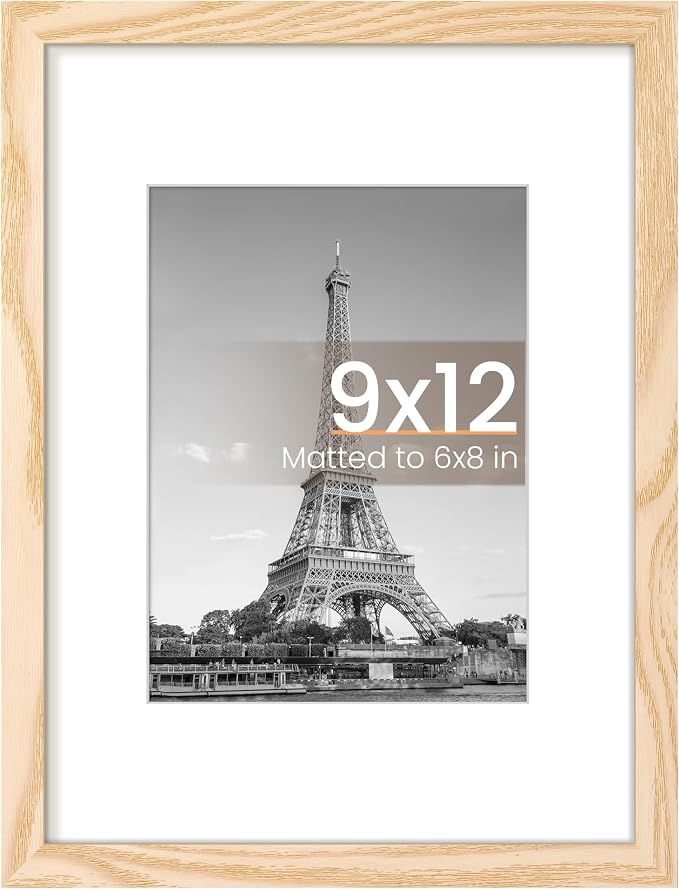 upsimples 9x12 Picture Frame, Display Pictures 6x8 with Mat or 9 x 12 Without, Wall Hanging Photo Frames, Natural Style, 1 Pack
