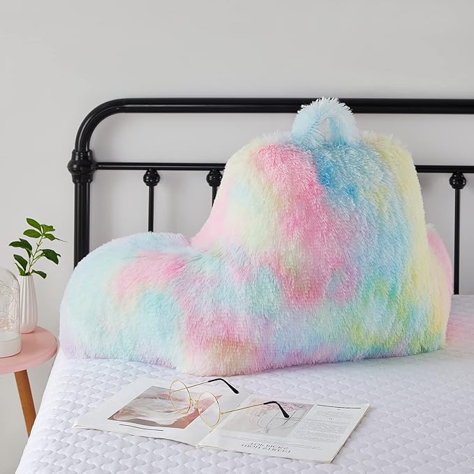 Faux Fur Backrest Pillow for Kids, Teen Reading Pillow with Arms, Fluffy Back Support Pillow for Sitting Up in Bed/Couch, Bed Wedge Pillow for Girls, Reading & Bed Rest Pillows (Pink)