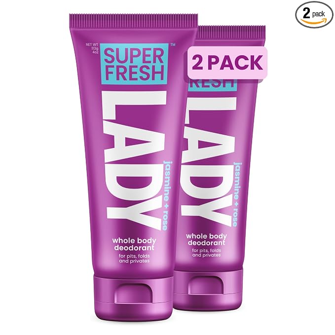 Super Fresh Lady Whole Body Deodorant for Women Twin Pack Aluminum Free Lotion for Privates Body and Skinfolds Stops Odor Jasmine Rose Scent Feminine Hygiene Two 4 oz Tubes for Daily Use