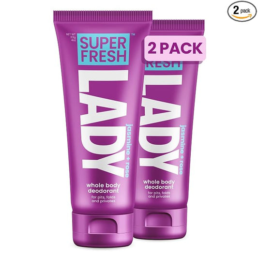 Super Fresh Lady Whole Body Deodorant for Women Twin Pack Aluminum Free Lotion for Privates Body and Skinfolds Stops Odor Jasmine Rose Scent Feminine Hygiene Two 4 oz Tubes for Daily Use