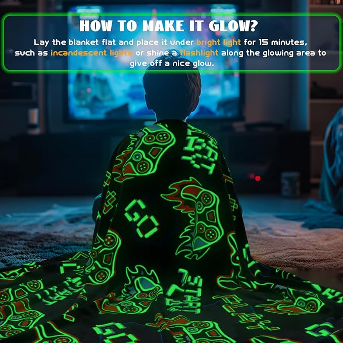 ORDM Game Controller Gifts for Boys Glow in The Dark Blanket Kids Gaming Controller Throw Blanket Toys for Ages 5-7 Game Decor Blankets for Home Bedroom Luminous Blanket 40 "x 50"