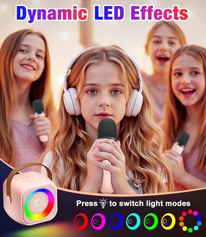 Mini Karaoke Machine, Portable Bluetooth Speaker with 2 Wireless Microphones for Kids & Adults, Karaoke Microphone with LED Lights, Gifts for Girls & Boys_Pink
