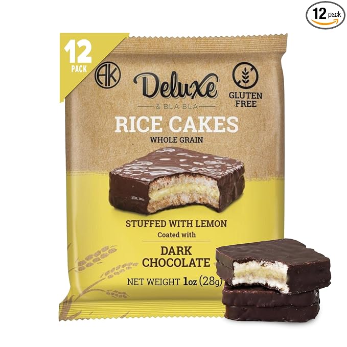 Deluxe & Bla Bla Stuffed Rice Cakes - Whole Grain Chocolate Rice Cake,Gluten Free,Low Calorie,(Alfajor) Kosher Certified - Lemon Filled Rice Cakes coated with Dark Chocolate, 28g Each (12 Pack)