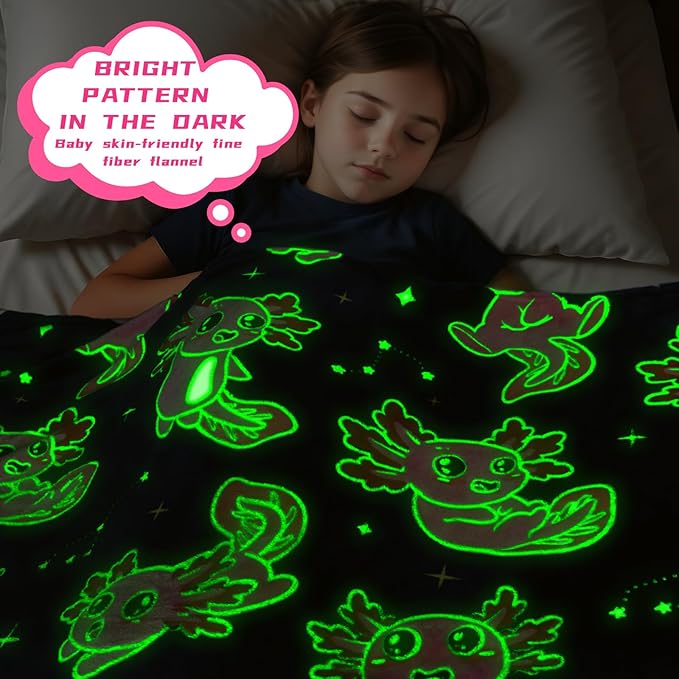 BORORO Axolotl Blanket Pink Glow in The Dark Blanket Axolotl Gifts Soft Cozy Cute Salamander Blanket Axolotls Toys Birthday Gifts for Girls Kids Boys 60x80 inch