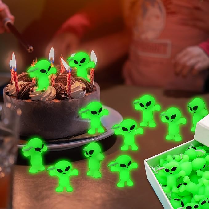 50 Pcs Mini Alien Figures Glow in The Dark Space Ship Tiny Little Small Alien Figurine for Halloween Treat Toys Bulk Gift Space Party Favors Hide and Seek Christmas Stocking Stuffer