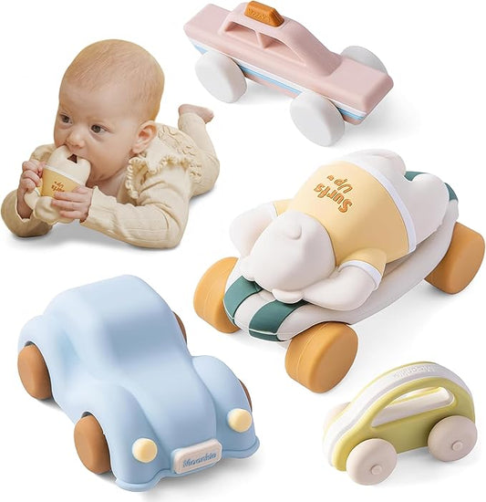 Moonkie Food Grade Silicone Toy Cars for Babies & Toddlers, Push and Go Baby Car Toys 6–12 Months, Baby Teething Toys 4–6 Months, One-Piece Design Infant Toys, Birthday Gifts for Boys & Girls, 5 Pack