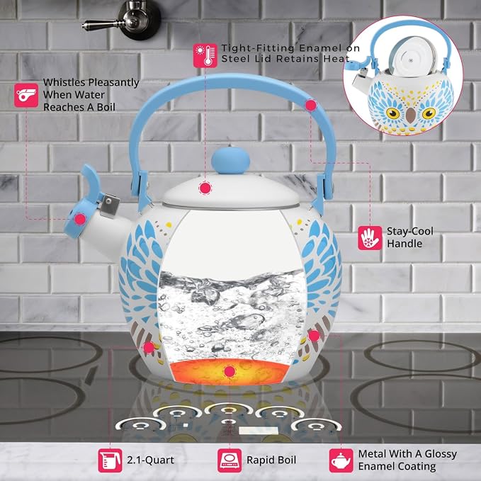 Whistling Tea Kettle for Stove Top Enamel on Steel Teakettle, Supreme Housewares Owl Design Teapot Water Kettle Cute Kitchen Accessories Teteras (2.1 Quart, Owl)